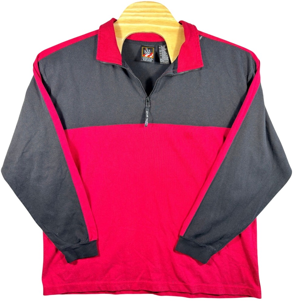 VINTAGE USA Olympic Pullover Men‎ XL Red Black Colorblock Quarter Zip